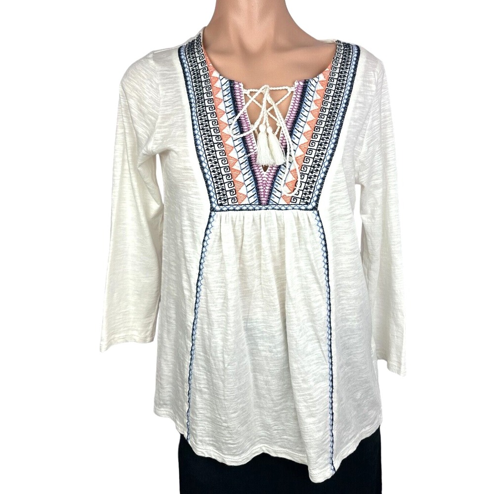 Lucky Brand Pullover Blouse Size S White w Embroidery Trim 3/4 Sleeve Cotton